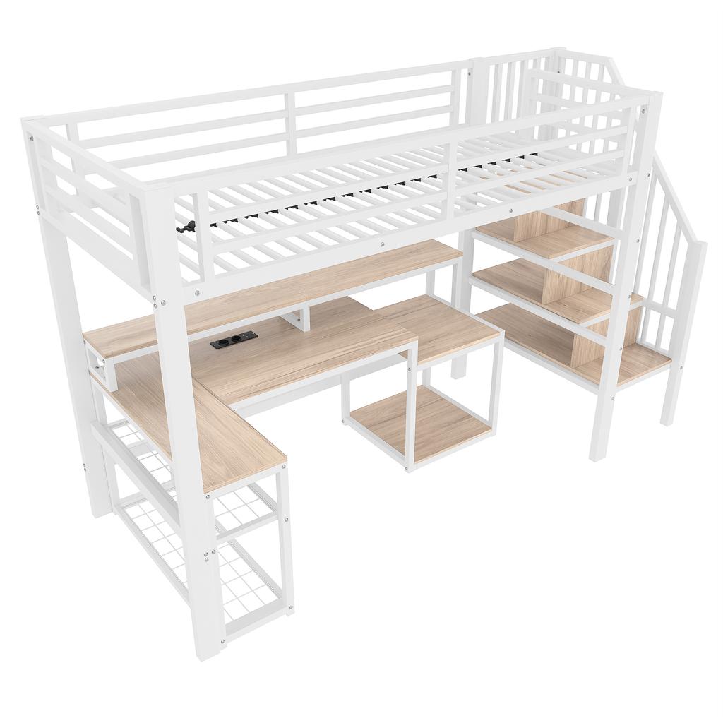 Łóżko piętrowe, 90 x 200 cm, rama żelazna, schowek, schody ze schowkiem, barierka zabezpieczająca, listwa świetlna LED, biurko, port USB, bez materaca, białe