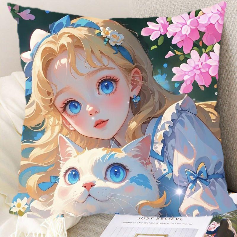 

Подушка «Алиса в Стране чудес» Мультяшная девочка Кошка Диванная подушка Спальня Прикроватная спинка Подарок на день рождения для девочки linen-45x45cm double-sided [without pillow core]
