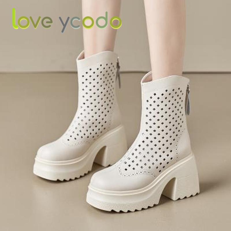 Women's Stylish and Comfortable High Heels Breathable Leather Ankle Boots, Women's Comfortable Increase Waterproof Platform Summer Leather Boots