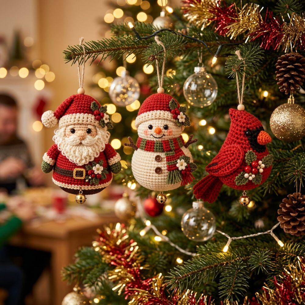 Knitted Christmas Crochet Ornament Kit Handmade with Bell DIY Snowman Making Set Hand-Knit Tree Hanging Bird Crochet Supply Kit