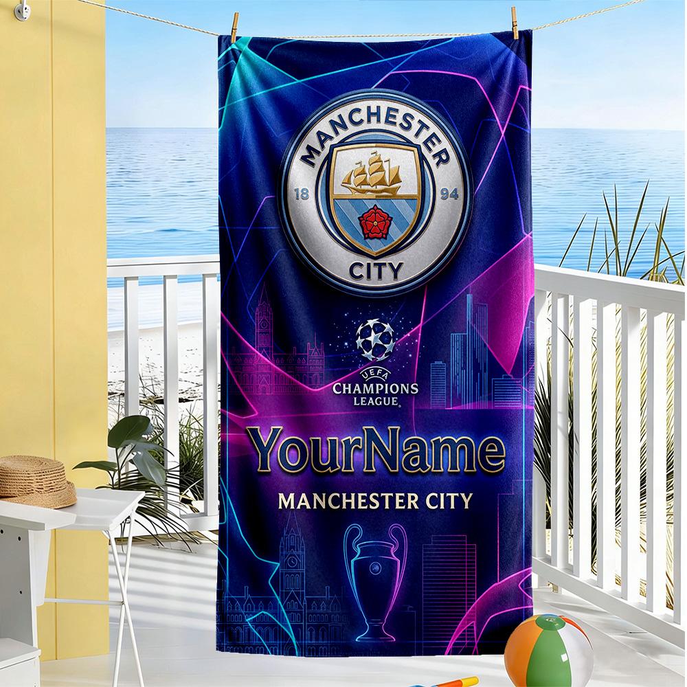 Manchester City Personalized Text Beach Towel Super Soft & Absorbent Suitable for Swimming Gym Camping Yoga Vacation