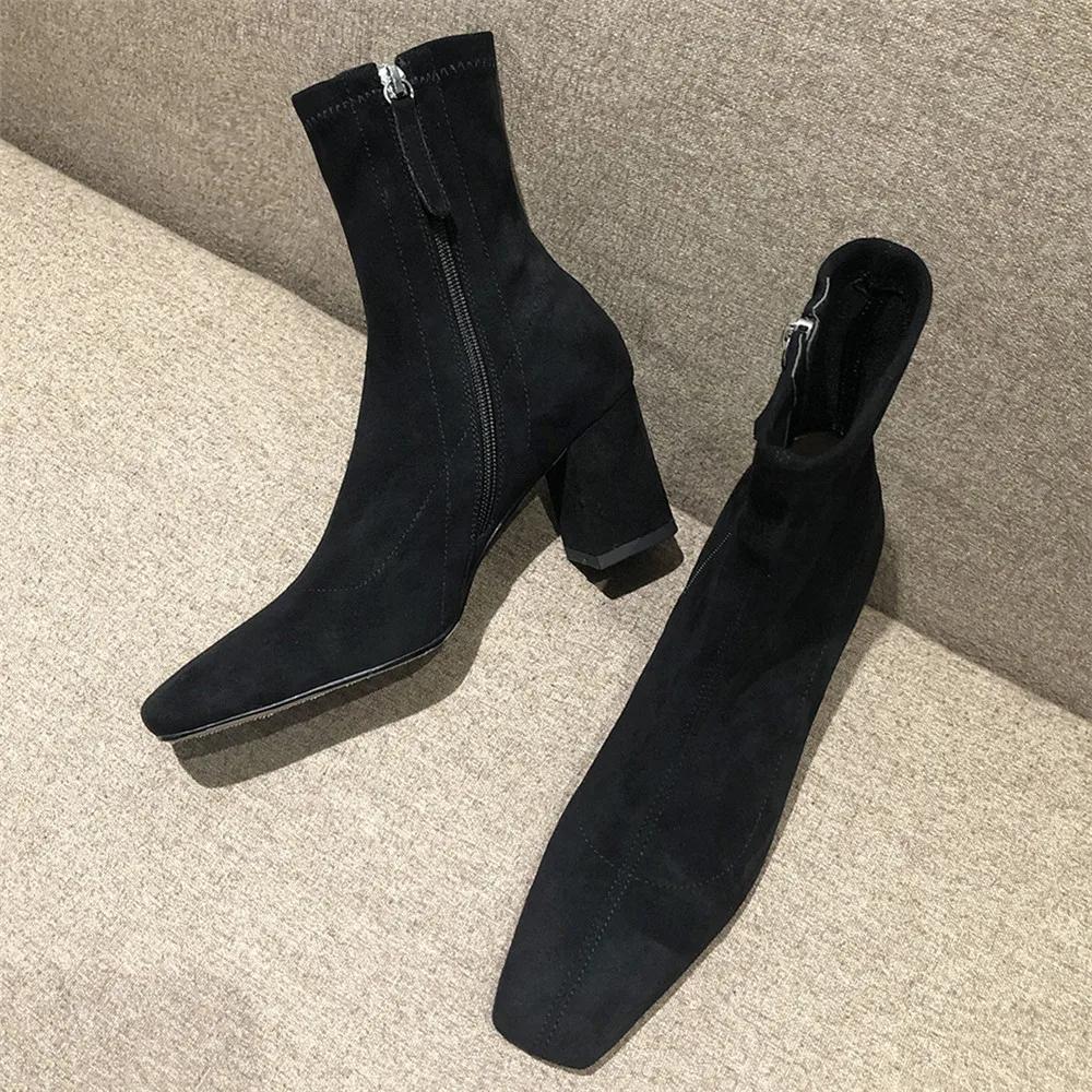 Fashion 2025 Autumn Winter Thick Heel Shoes Fashion Women Ankle Boots Sexy Square Toe Yarn Elastic Socks Boots Zip Boot Size 33-40 Black