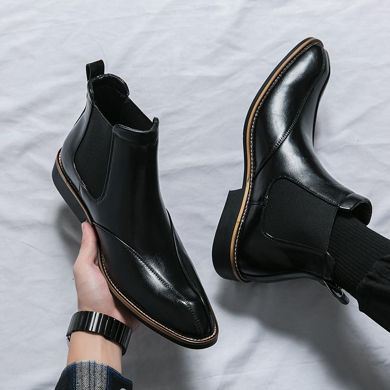 Chelsea Boots Spitz Hoher Schaft Leder Schuhe Friseur Martin Stiefel Reißverschluss Innen Erhöhend Freizeitstiefel