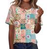 Women's Short Sleeve Shirt Printed Cotton Linen Blouse Casual Button Top