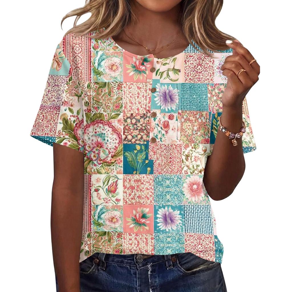Women's Short Sleeve Shirt Printed Cotton Linen Blouse Casual Button Top