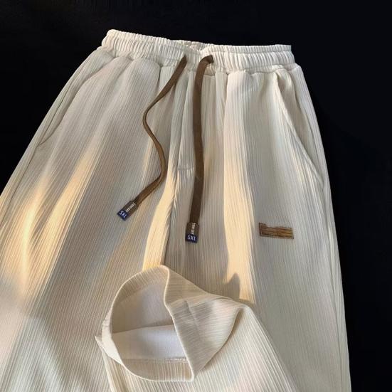 Mid-rise Elastic Waistband Men Pants Drawstring Pockets Ribbed Fast Drying Summer Ultra-thin Ice Silk Casual Trousers Streetwear