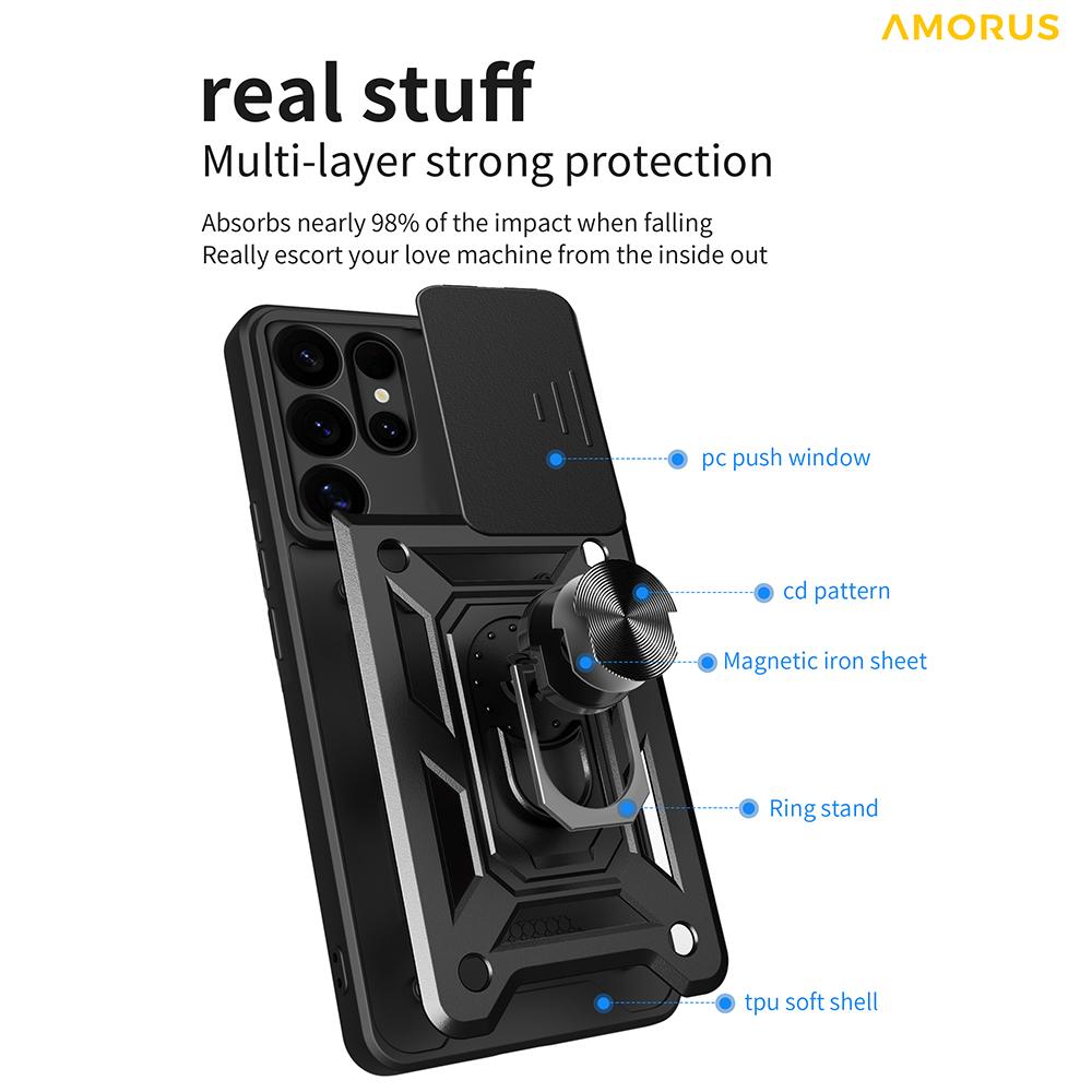 AMORUS For Samsung Galaxy S25 Ultra Case Kickstand PC+TPU Phone Cover with Camera Lens Slider