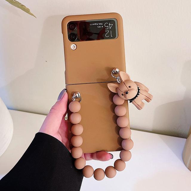 Cute 3d Cartoon Dog Charm Phone Case For Samsung Galaxy Z Flip 3 5g Korea Solid Color Beads Bracelet Full Protection Cover