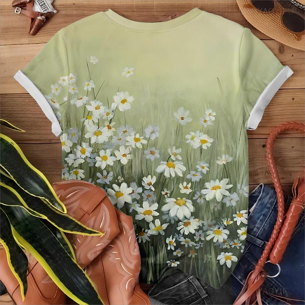 Frischer und Natürlicher Stil Damen T-Shirt Gänseblümchen Blume Meer Druck Täglich Vielseitiges Kurzarm Oberteil