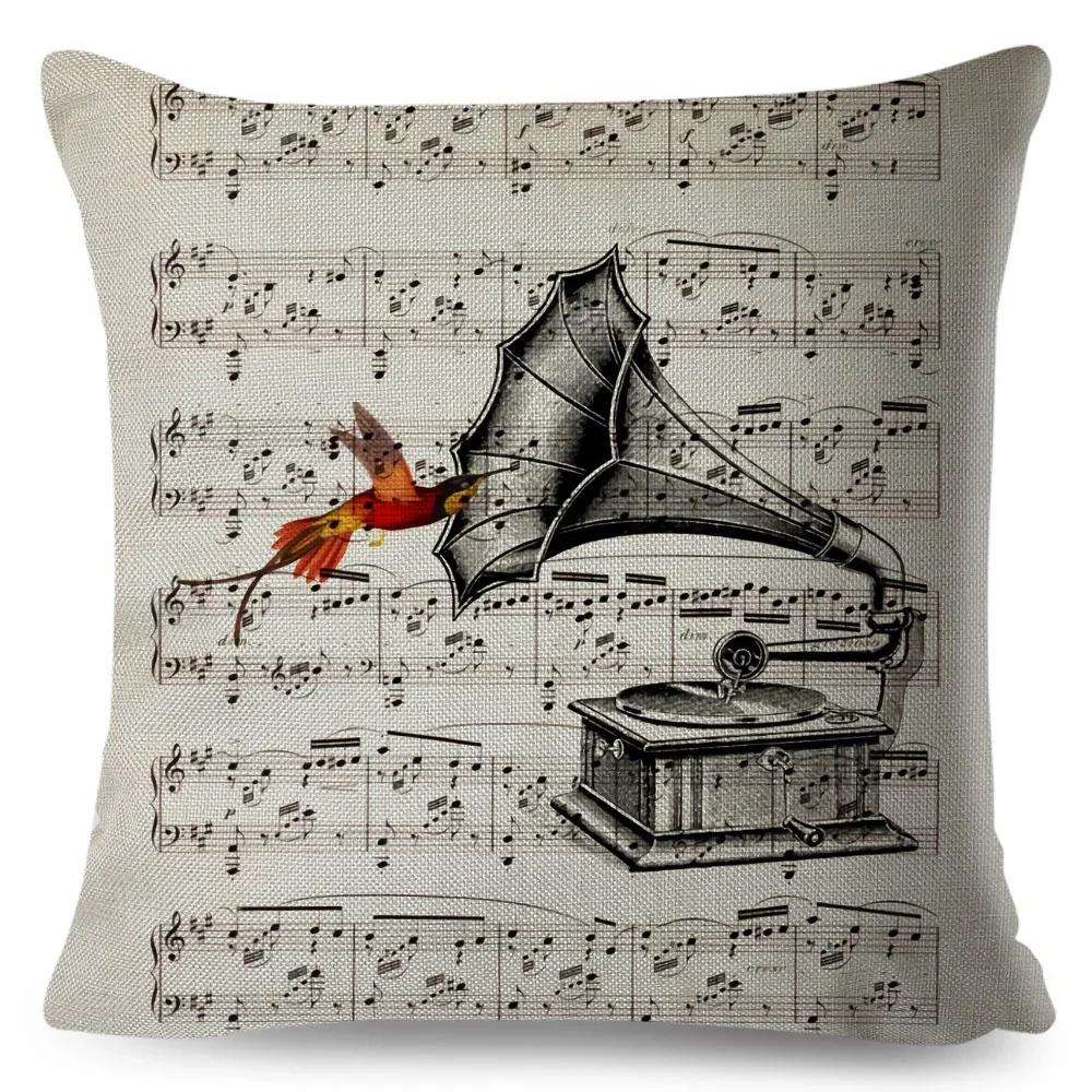 Nordic Style Music Note Pillowcase Decor Vintage Guitar Mike Printed Pillow Case for Home Sofa Polyester Cushion Cover 45x45cm