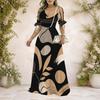 Women Plus Size V Neck Cold Shoulder Tie Cuffs Short Sleeve Black Beige Printed A Line Long Dress