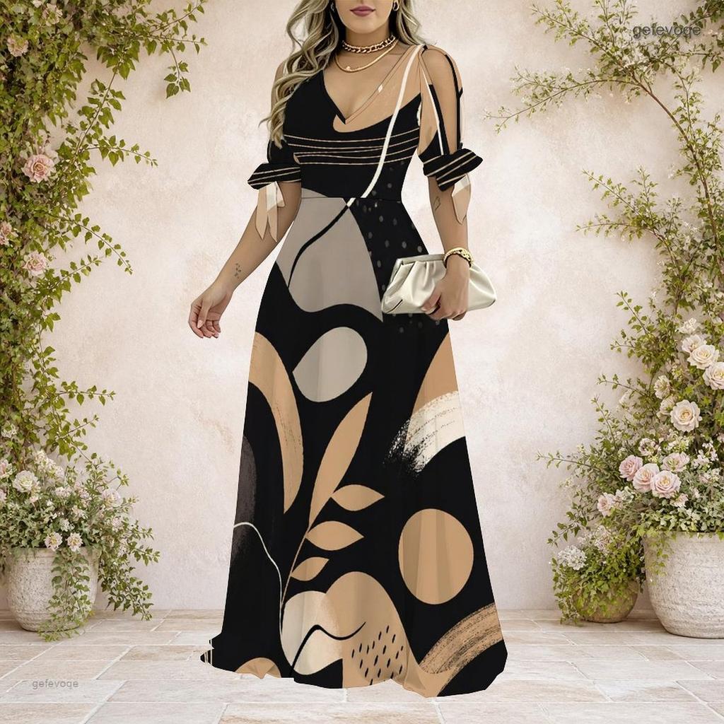 Women Plus Size V Neck Cold Shoulder Tie Cuffs Short Sleeve Black Beige Printed A Line Long Dress