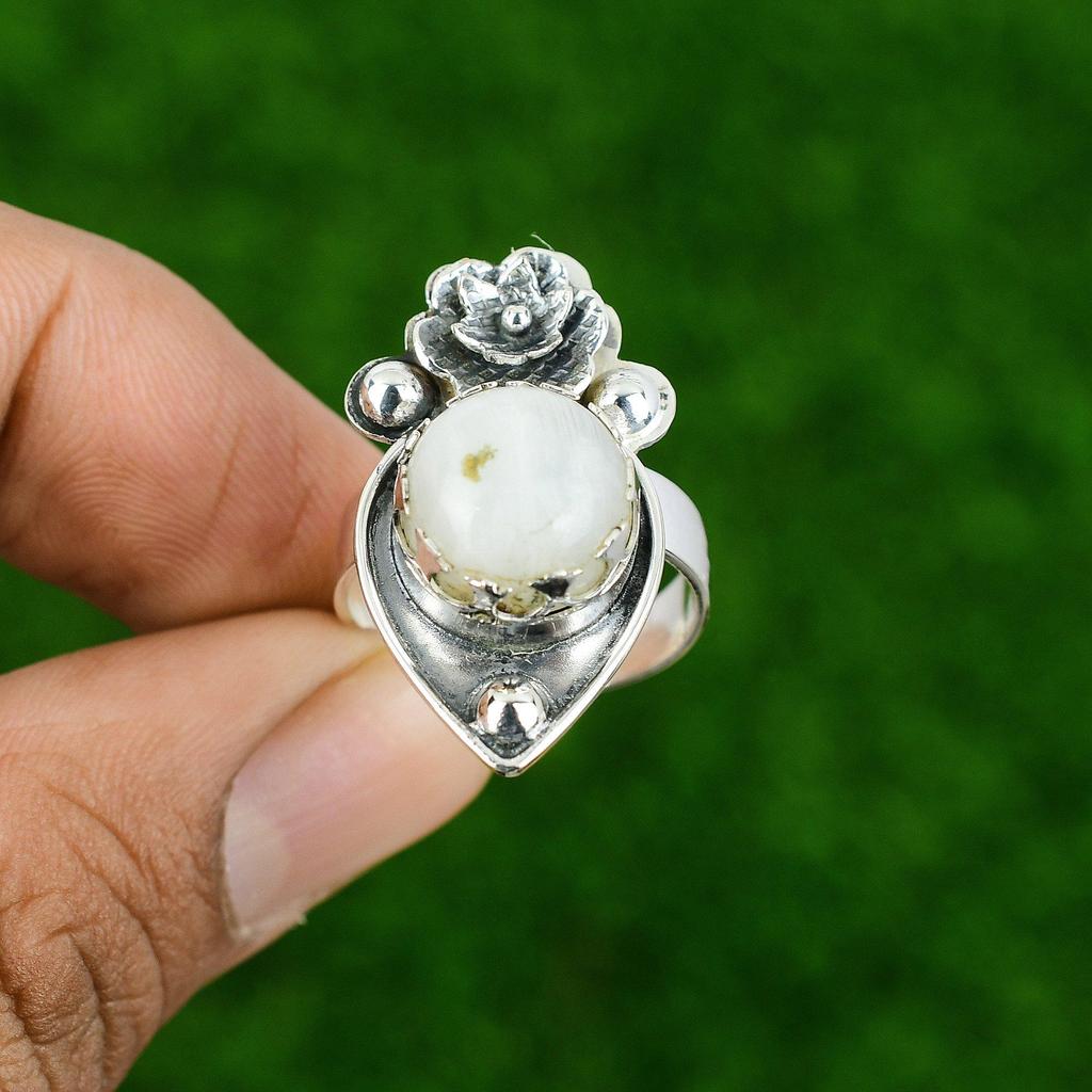 Gift For Her 925 Silver Natural Rainbow Moonstone Promise Flower Adjustable Ring
