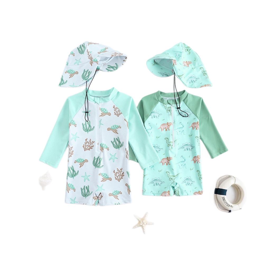 Children's One-piece Swimsuit Boys' Sun Protection Long-sleeved Baby Cartoon Swimsuit Quick-drying Baby Swimsuit Hooded Sun Protection
