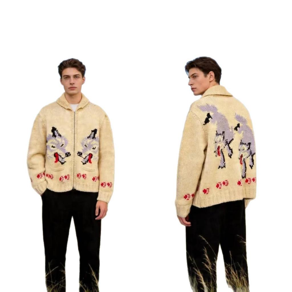 Retro Wolf Head Jacquard Zipper Cardigan: Thick Knit Unisex Sweater (2026)