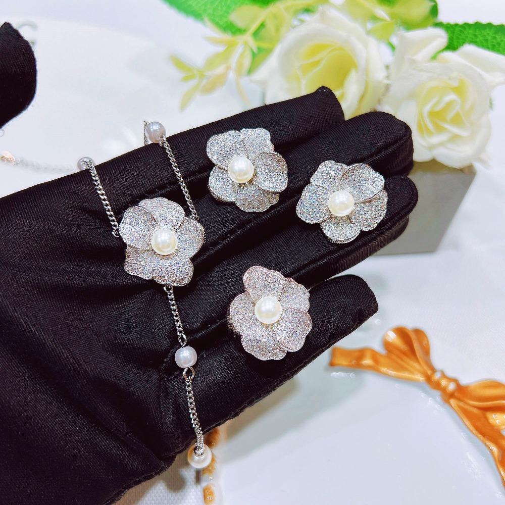 Women Jewelry Set French Luxury Pearl Camellia Flower Ring Earrings Bracelet Necklace Elegant Fashion Accessories