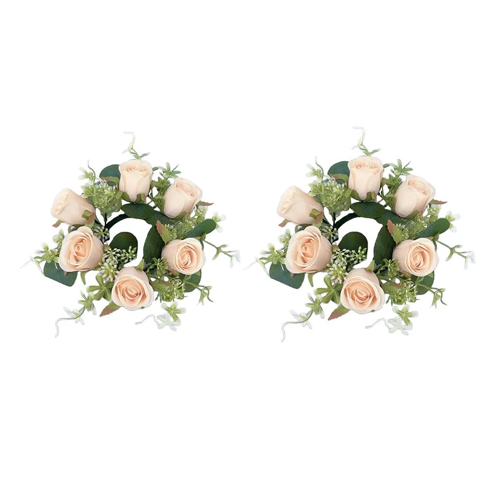 2pcs Artificial Garland with Candlestick Centerpieces, Rose Candle Wreath, Tea Light Candle Holders, Artificial Plant Wreath