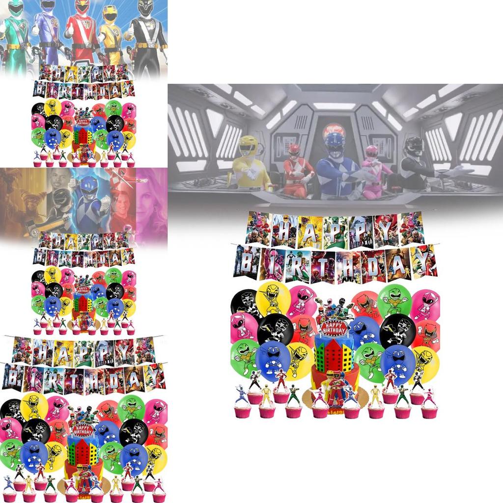 Decorações de Festa de Aniversário dos Mighty Morphin Power Rangers Com Balões de Tema Dinossauro E Bandeirinhas de Bolo Para Meninos