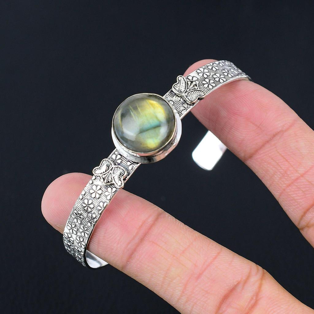 Birthday Gift For Her Natural Labradorite Gemstone Bangle Adjustable 925 Silver