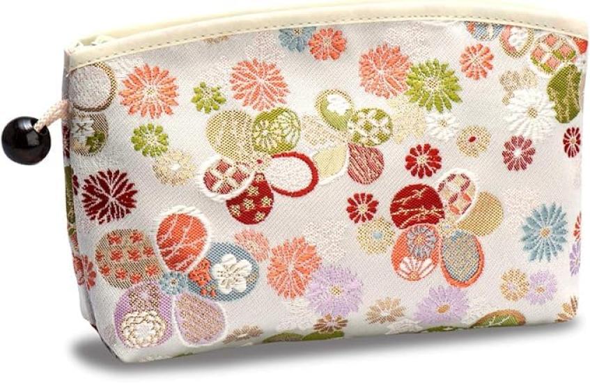 Kyoto Geibido Nishijin Brocade Cosmetic Pouch, Japanese Pattern, Made in Japan (White)