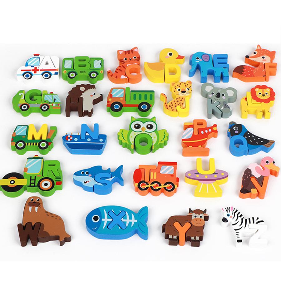 Wooden Animal Alphabet 3D Puzzle Toys Montessori ABC Learning Educational Toys For Toddlers Kids Early Preschool Gift