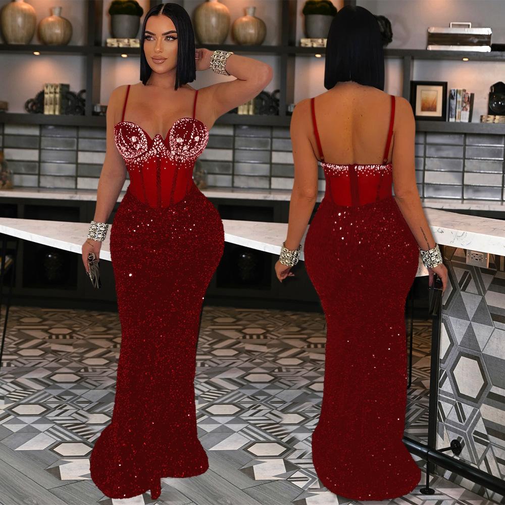 CY901191 European and American Velvet Sequined Party Dress Dress Hot Diamond Suspender Dress Hip-wrapped Long Dress Women