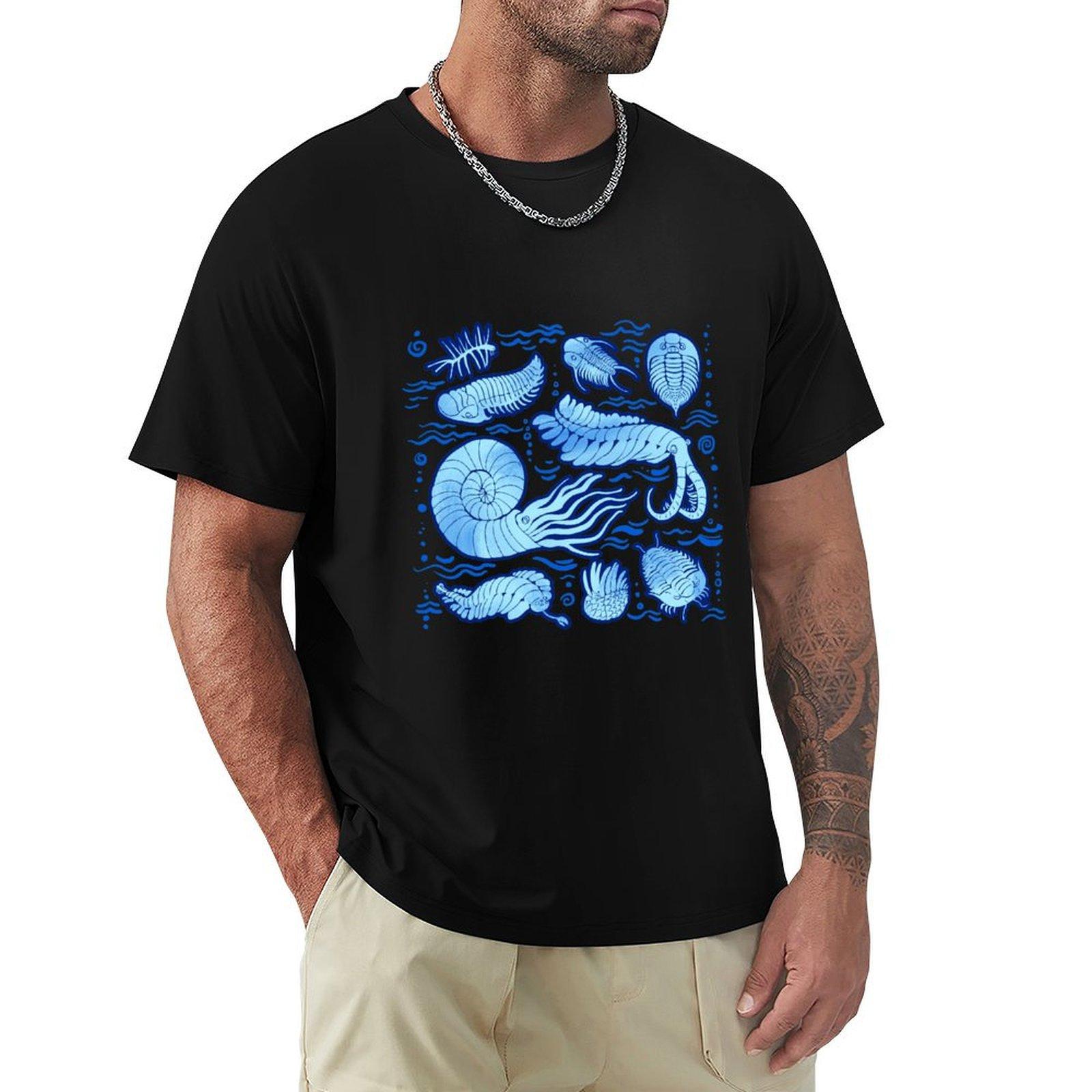 

Ancient sea animals Trilobites Anomalocaris Wiwaxia and others on dark bg TShirt quickdrying plain men workout shirt 4XL