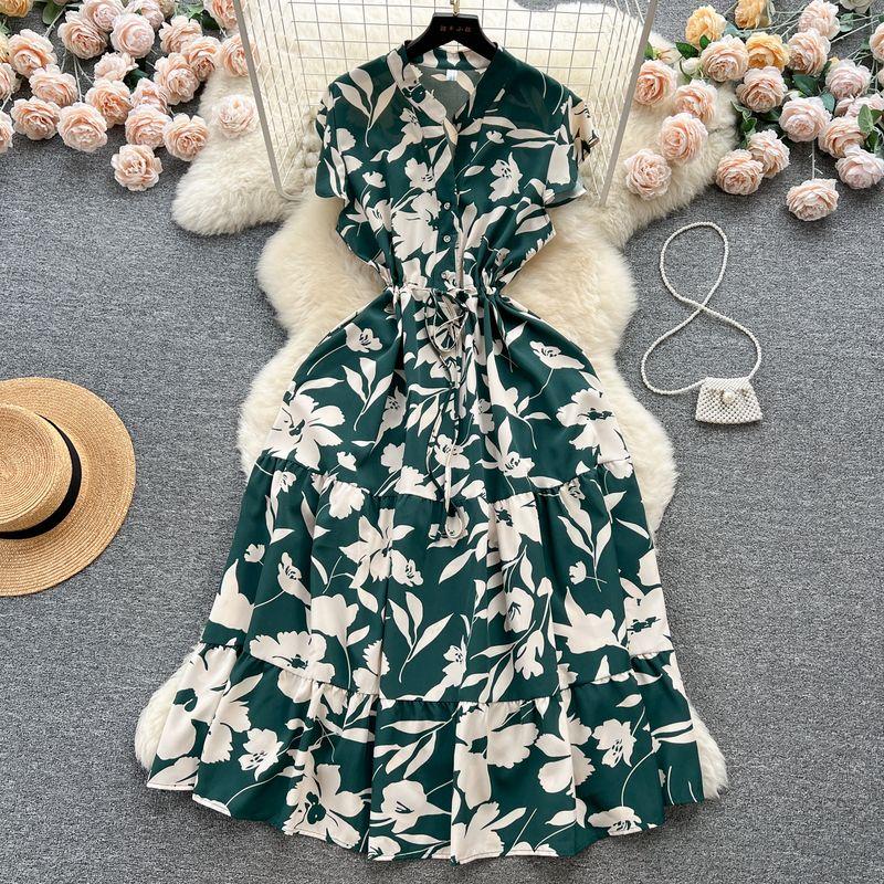 French Sweet Gentle V-neck Floral Chiffon Dress Women's Summer Tight Waist Elegant Slim Looking Vacation Style Fairy Dress