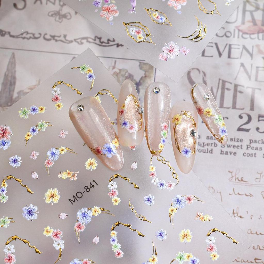 3D Gilded Dried Flower Nail Art Stickers - Retro Light Luxury with Gold Line