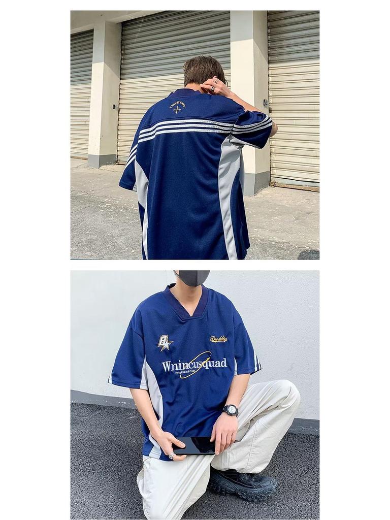 Men's V-Neck Motorcycle Style Embroidered Hip-hop Jersey