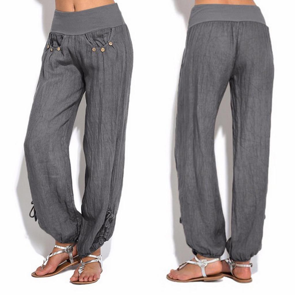 Fashion Women Solid Buttons Cotton And Linen Casual Loose Trouser Wide Leg Pants
