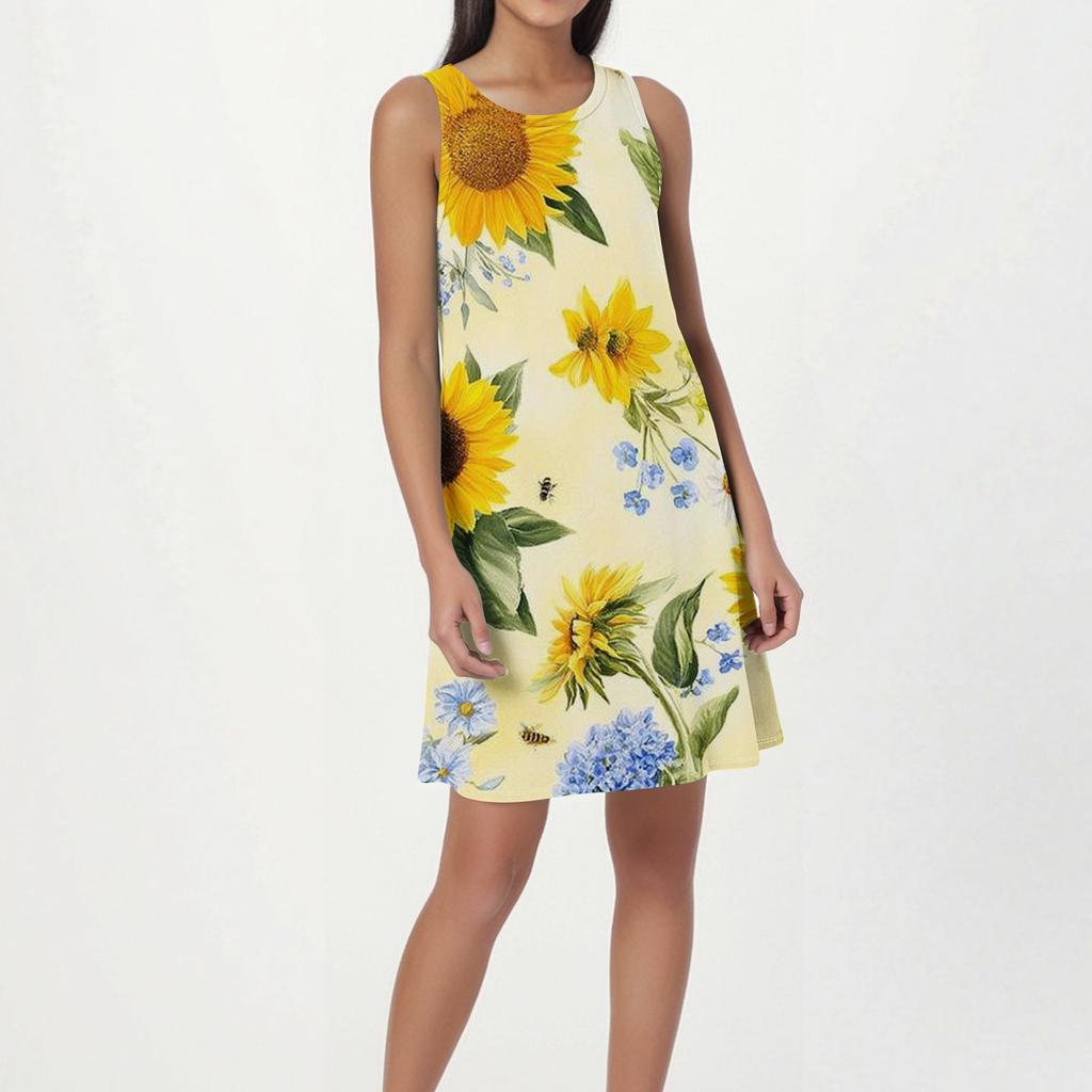 Damenmode Strandkleid Ärmelloses Rundhalskleid mit Blumendruck