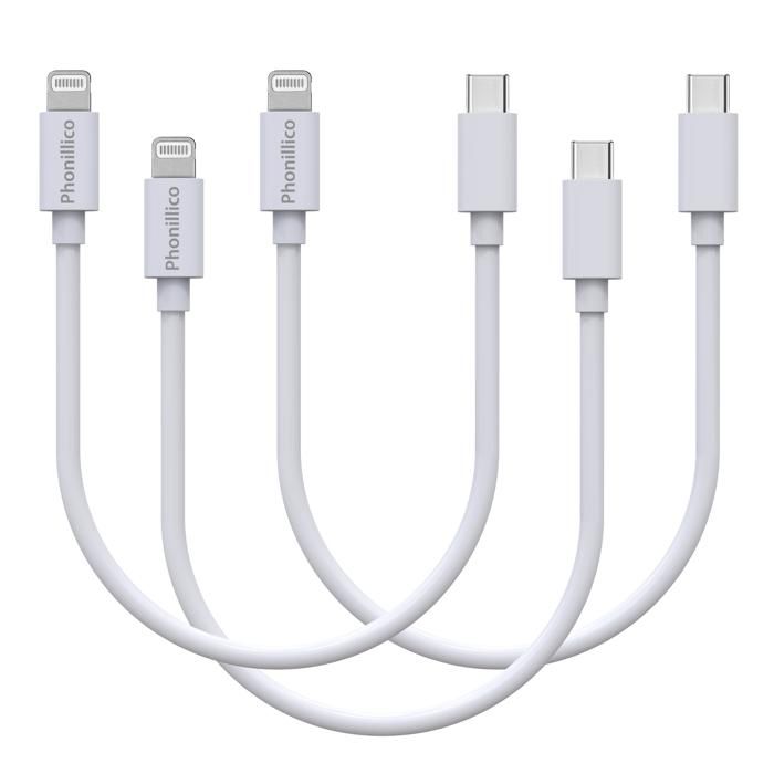 Lot 3 Cables 20cm USB-C Lightning Chargeur Blanc pour iPhone 12 / 12 MINI / 12 PRO / 12 PRO MAX /11/11 PRO/11 PRO MAX/SE Phonillico
