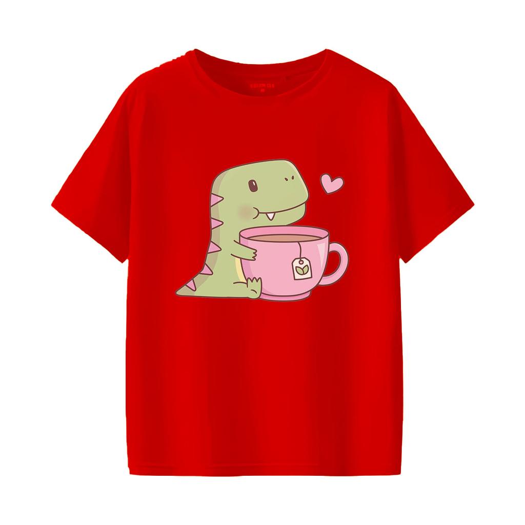 Cute dinosaur print short sleeved round neck versatile fashionable Womens Tshirt suitable for all seasons