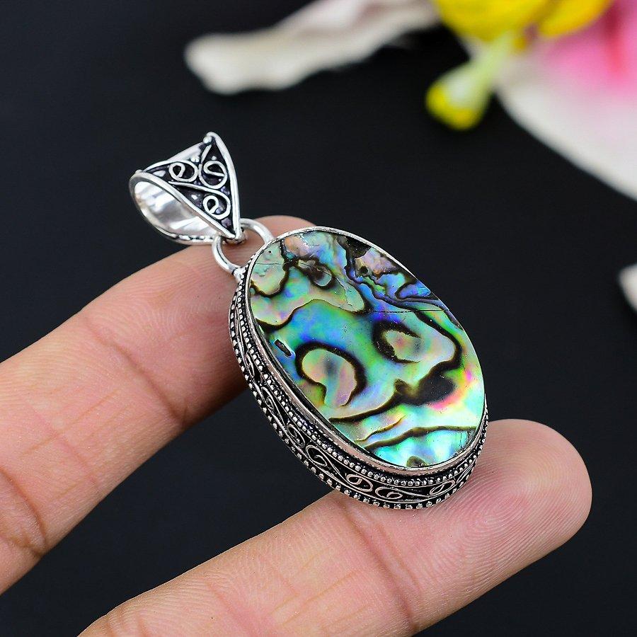 Abalone Shell Gemstone Handmade 925 Sterling Silver Jewelry Pendant 2.48" KG-121