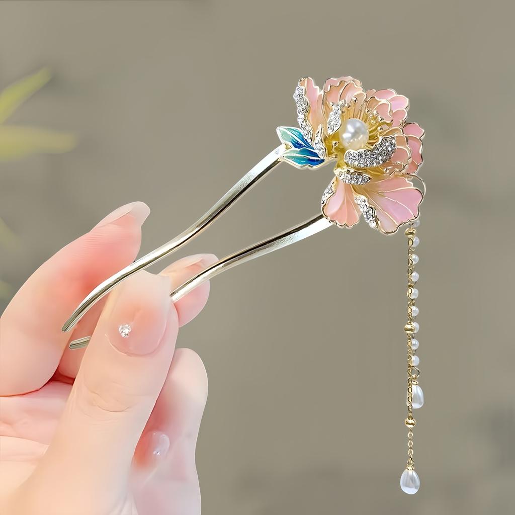 Antique Butterfly Flower Bamboo U-shaped Hairpin Super Fairy Retro Pearl Fringed Hairpin Hanfu Ancient Hairpin Accessories