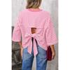 New Women's Round Neck Striped Back Tie Bow Pullover Knitted Top