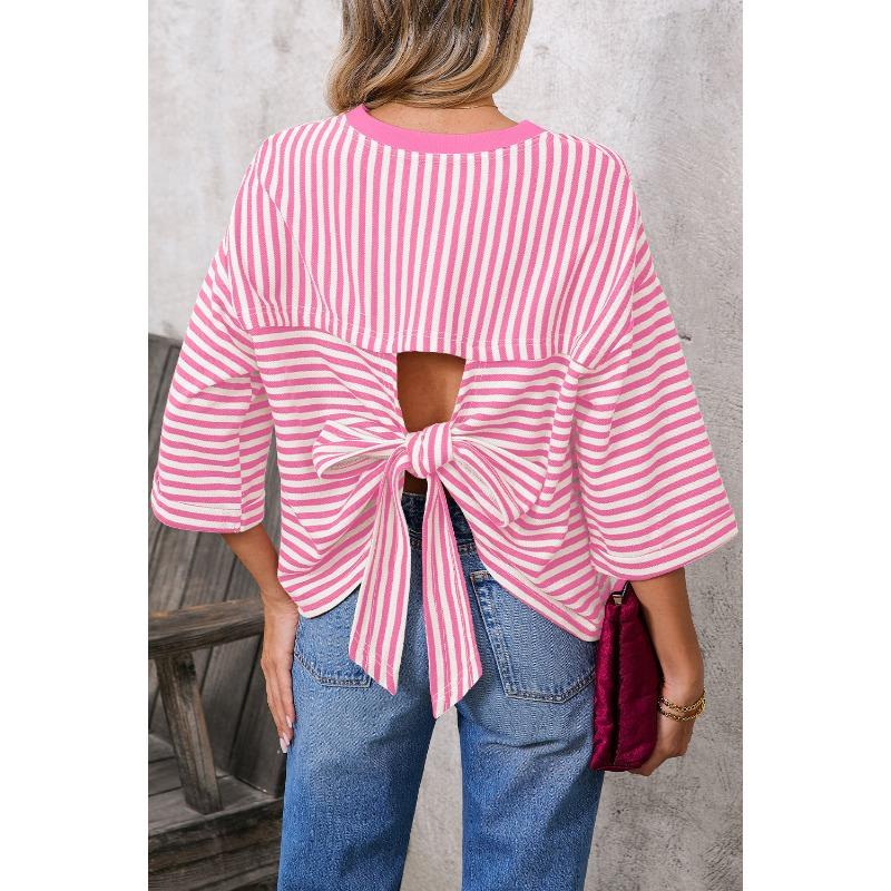 New Women's Round Neck Striped Back Tie Bow Pullover Knitted Top
