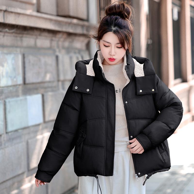 

Thickened thermal hooded long-sleeved cotton-padded coat for women s spring new contrasting color loose small cotton coat XL чёрный