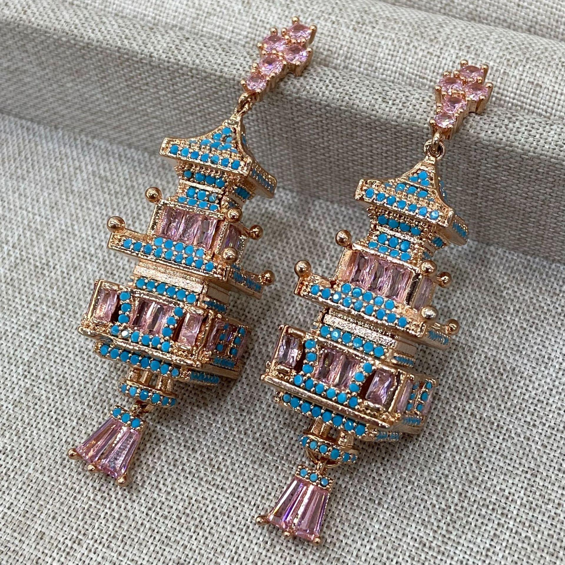New Chinese Pavilion Colored Gemstone Earrings, Bead Baby, Water Drop Pipa Pink Bow Earrings