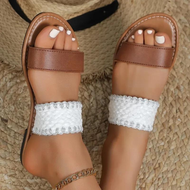 

Женские плоские тапочки, летняя повседневная пляжная обувь для женщин, ретро-обувь с открытым носком, женские сандалии больших размеров, женские шлепанцы 35