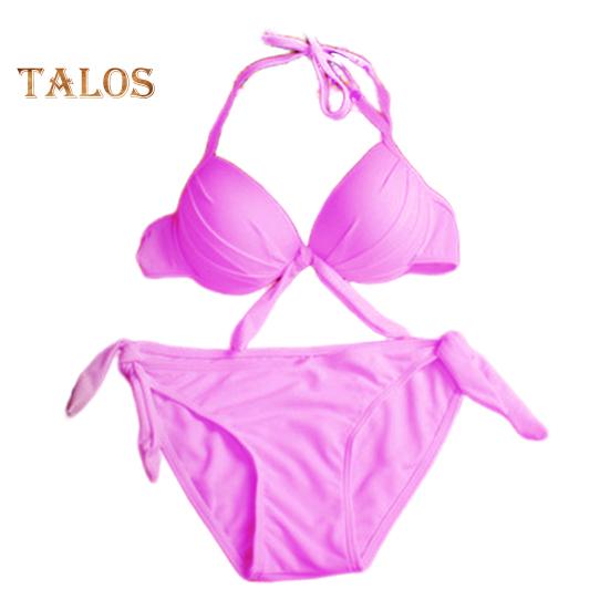 2 Teile/satz Sexy Bikini Set Neckholder Push-Up Einfarbig Bh Hohe Taille Schwimmen Slip Set Bowknot Dekoration Bademode