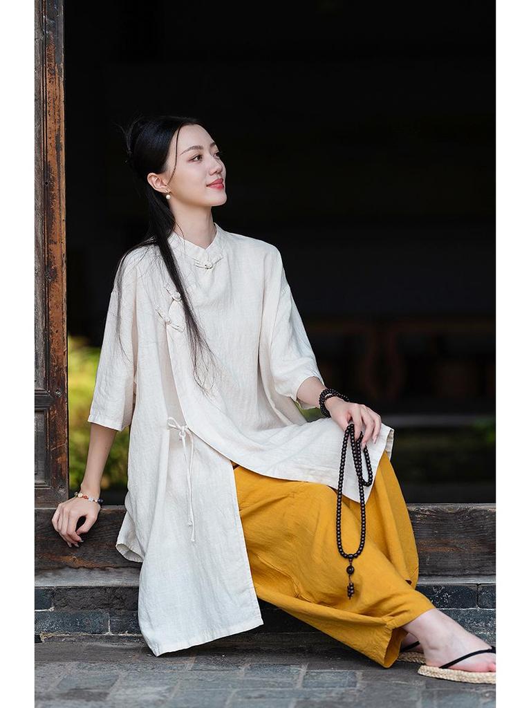 2026 Spring Women's Asymmetrical Cotton Linen Robe with Frog Buttons and Tie-Up Collar - Retro Chinese Zen Tea Wear