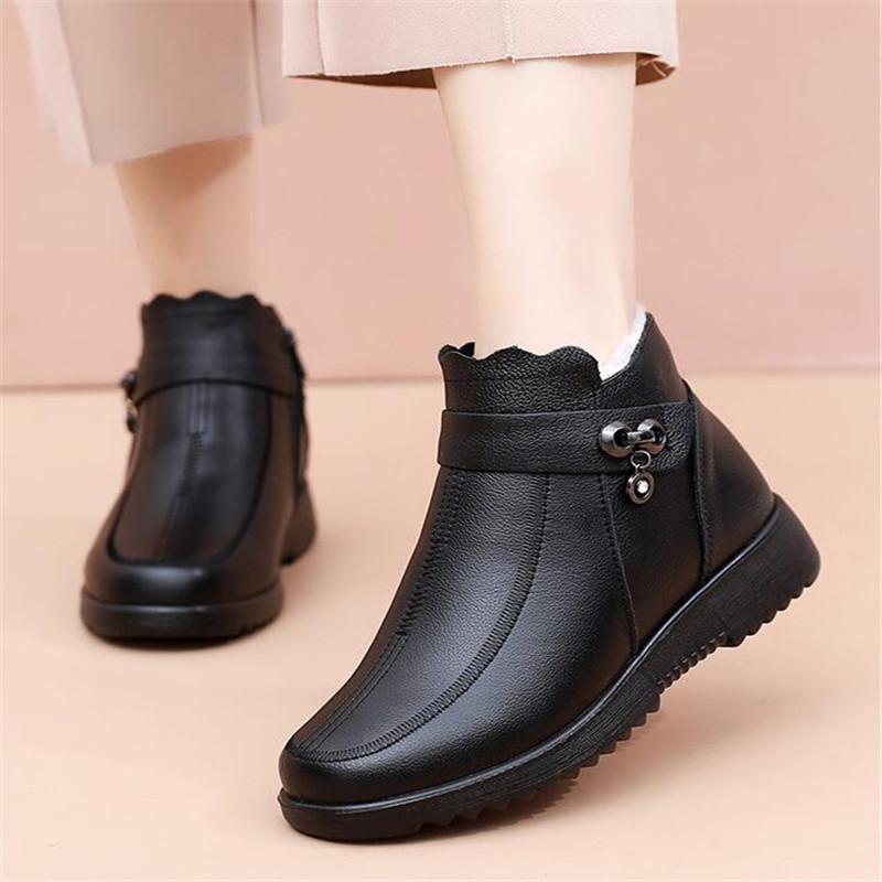 Moda Mulheres Botas de Tornozelo de Couro Genuíno Bota de Neve Mulheres Inverno Mãe Impermeável Antiderrapante Botins Quentes Cunhas Lã Natural Botas Femininas