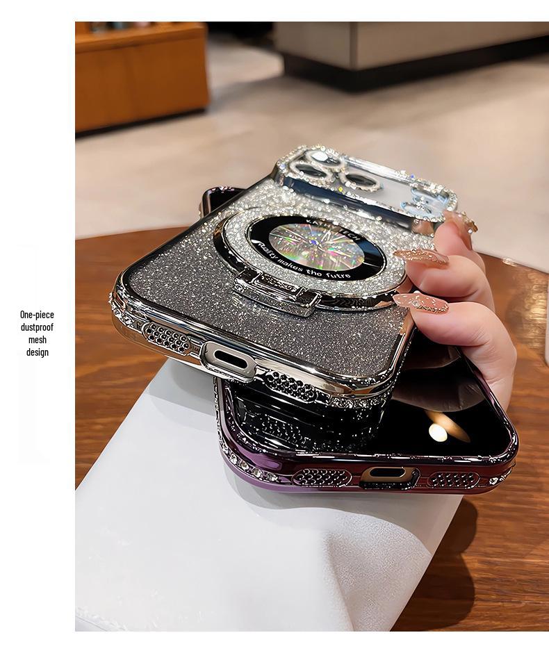 Rhinestone Glitter Magnetic Stand Case with Lens Film for iPhone 17 Pro Max, Drop-proof, Apple 16.