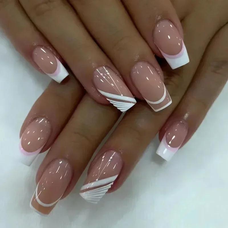 24Pcs Nude White French Fake Nail Short Square Nail Tips Fashion Wearable False Nails with Glue Simple Full Cover Press on Nails