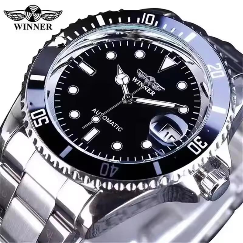 Winner Men's Automatic Mechanical Watch Waterproof Full Stainless Steel Strap Calendar Luminous Casual Business Watches For Men