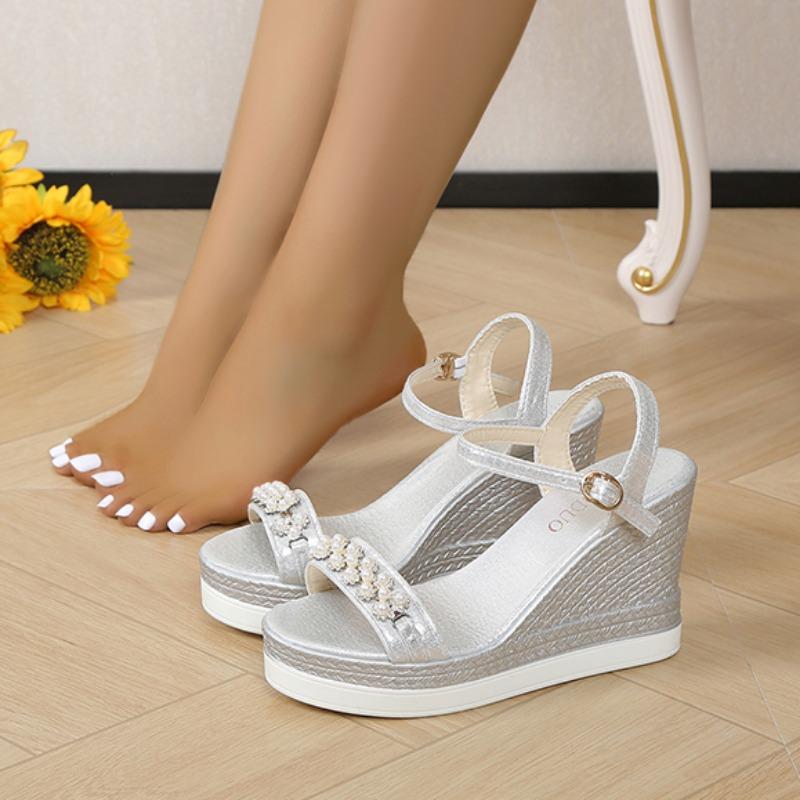 Women Platform Sandals 2024 Summer Pearl Transparent Rhinestones High Heels Buckle Fashoin Ladies Wedge Sandals Beach Shoes