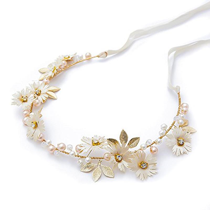 Gold Leaf Daisy Flower Headband Bridal Pearl Tiaras Hair Jewelry Ribbon Wreath