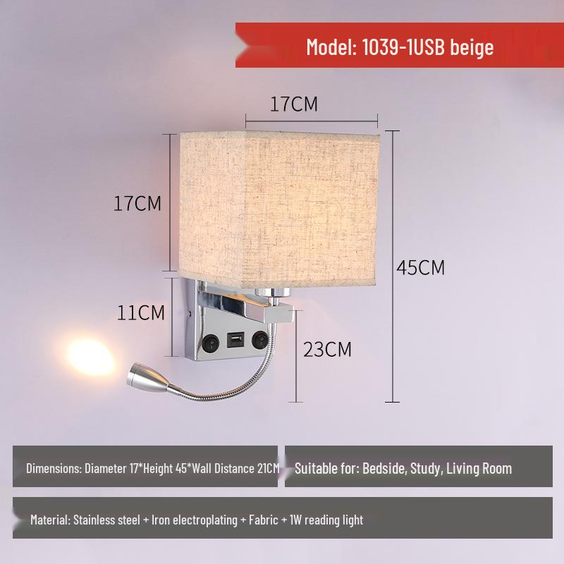 Modern American Fabric Wall Lamp with USB Charge - Hotel Bedroom Reading Light